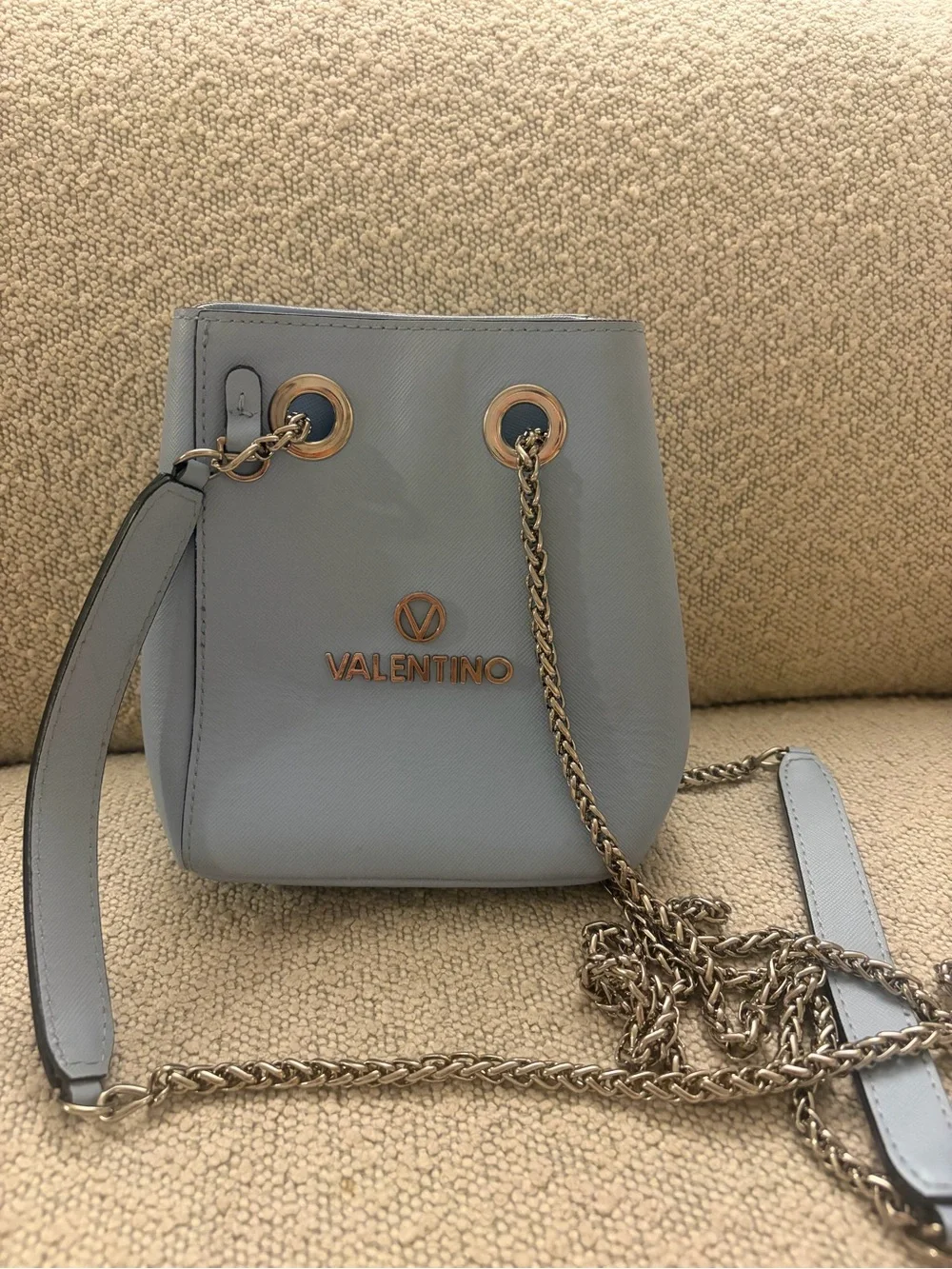 Valentino Powder Blue Saffiano Chain Bucket Bag